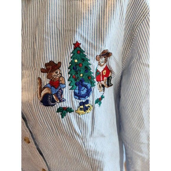 Vintage 90s Christmas Button Up Shirt 18W Denim Pin Stripe Blue Embroidered - Picture 2 of 6
